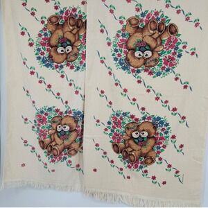 Vintage Franco Teddy Bear Floral Bath Towel Fringe Cream Made in USA Cottagecore